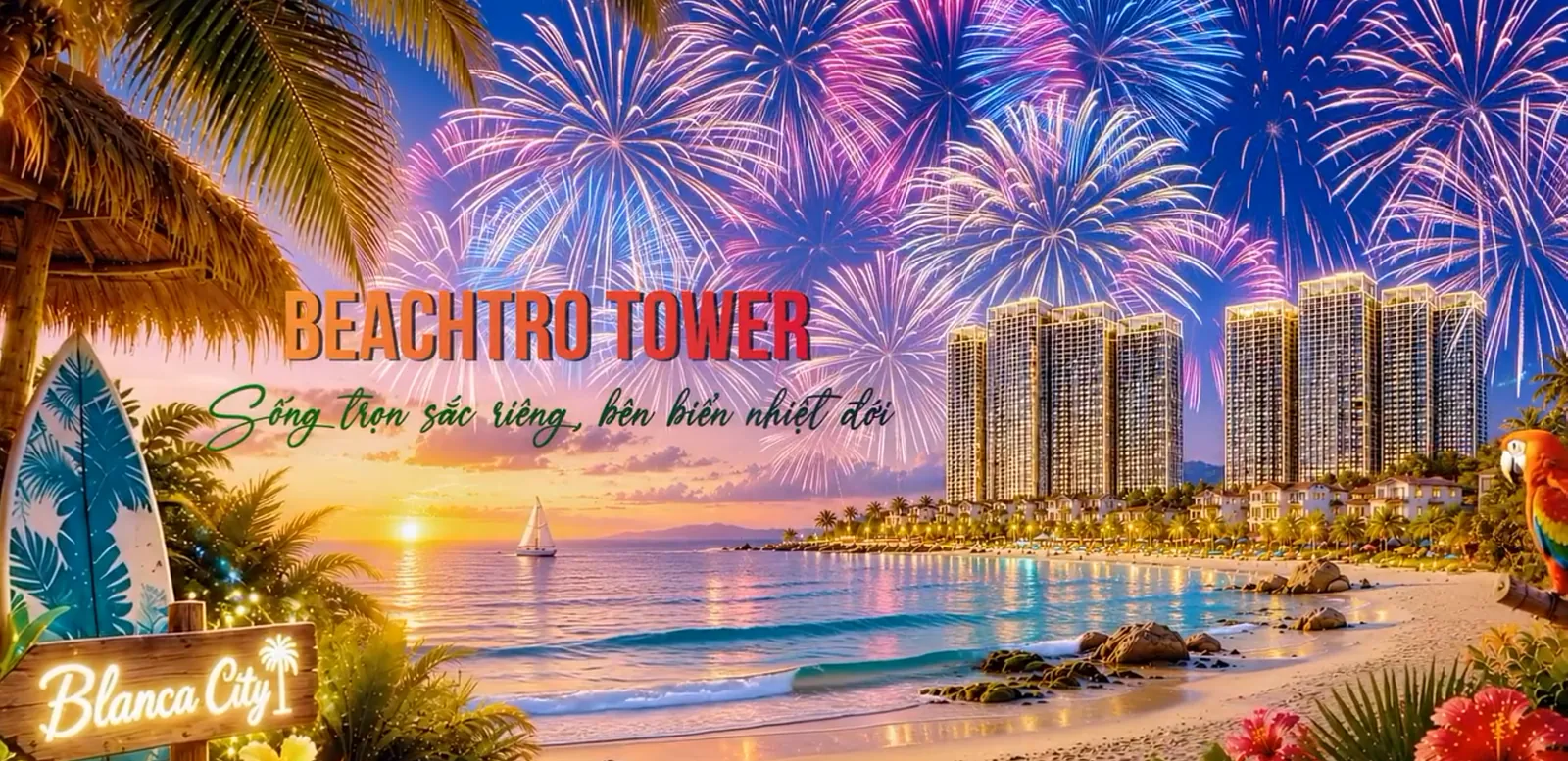 Phối cảnh pháo hoa bên Beachtro Tower, Blanca City — NamAn Realty là Top 1 đại lý bán hàng Beachtro Tower