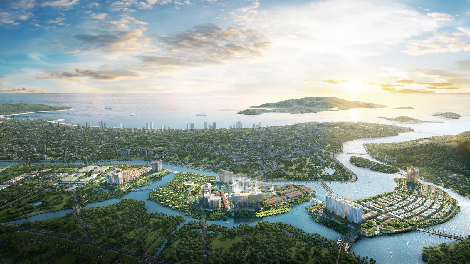 Phối cảnh toàn cảnh Charmora City trên ba đảo giữa sông Quán Trường và sông Tắc, Nha Trang