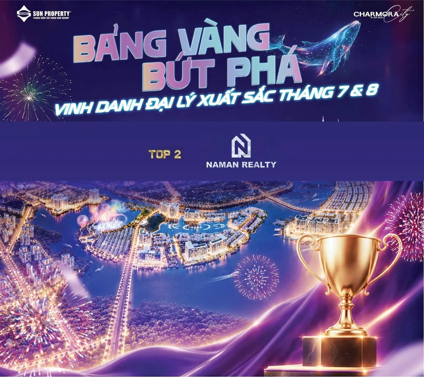 Bảng vàng Bứt phá vinh danh NamAn Realty Top 2 đại lý xuất sắc tháng 7 và 8 tại Charmora City