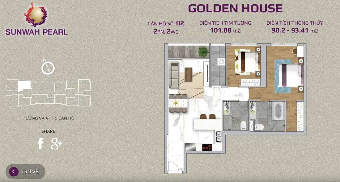 Layout căn hộ số 02 tháp Golden House Sunwah Pearl, 2PN, 2WC, 101,08 m²