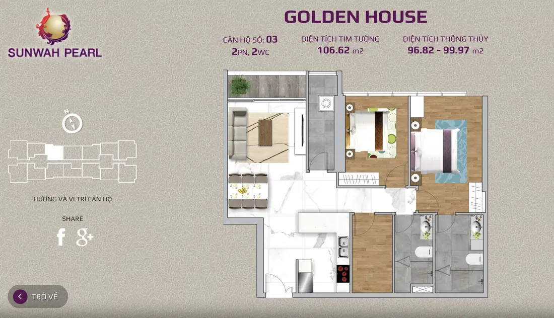Layout căn hộ số 03 tháp Golden House Sunwah Pearl, 2PN, 2WC, 106,62 m²