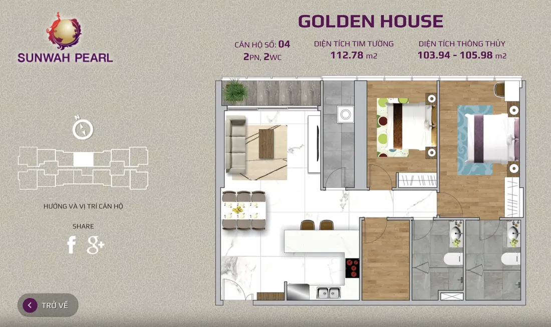 Layout căn hộ số 04 tháp Golden House Sunwah Pearl, 2PN, 2WC, 112,78 m²