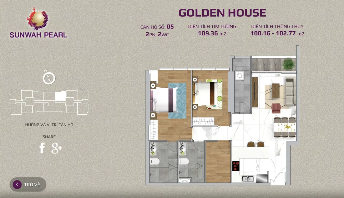 Layout căn hộ số 05 tháp Golden House Sunwah Pearl, 2PN, 2WC, 109,36 m²