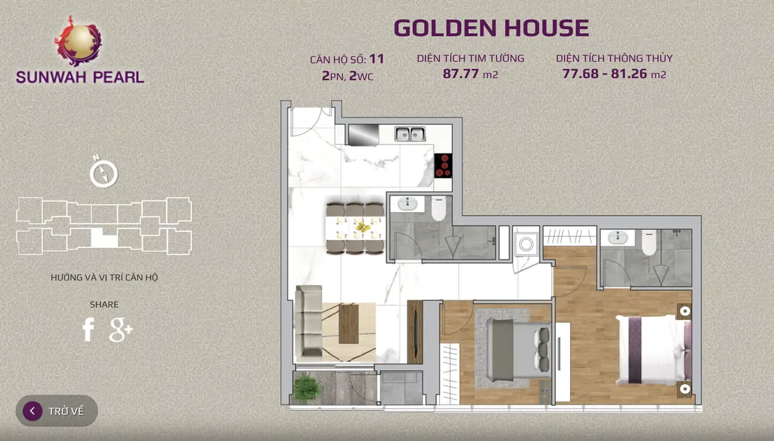 Layout căn hộ số 11 tháp Golden House Sunwah Pearl, 2PN, 2WC, 87,77 m²