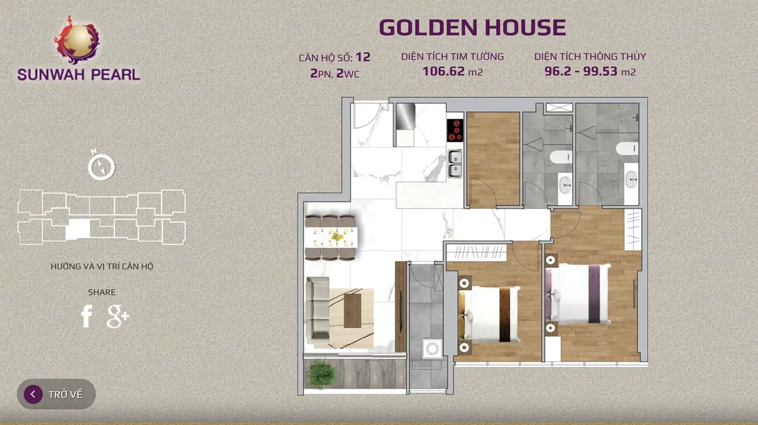 Layout căn hộ số 12 tháp Golden House Sunwah Pearl, 2PN, 2WC, 106,62 m²