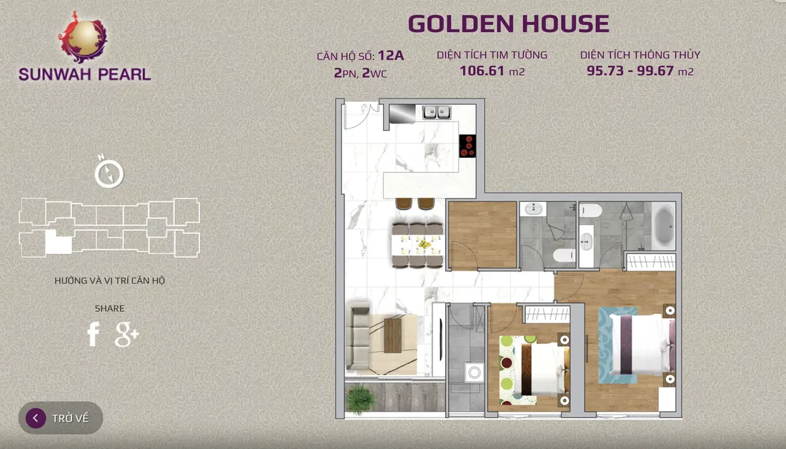 Layout căn hộ số 12A tháp Golden House Sunwah Pearl, 2PN, 2WC, 106,61 m²