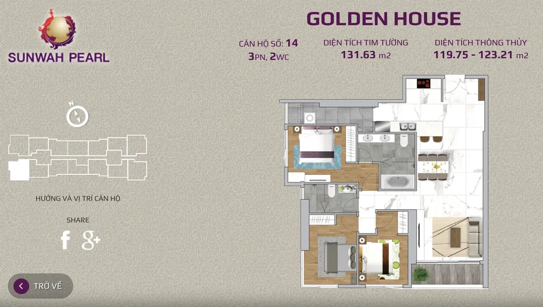 Layout căn hộ số 14 tháp Golden House Sunwah Pearl, 3PN, 2WC, 131,63 m²