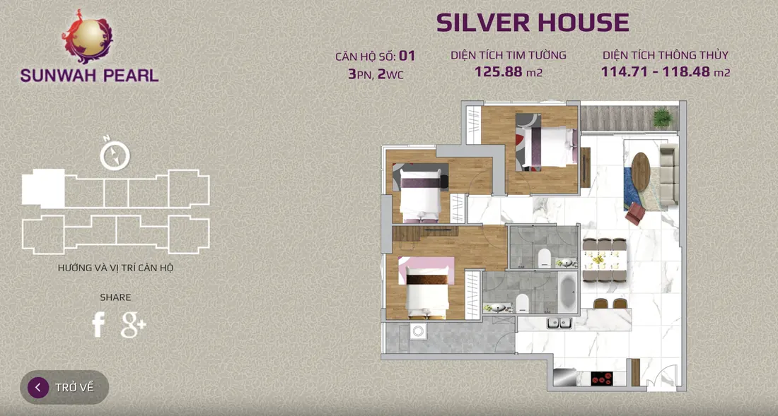 Layout căn hộ số 01 tháp Silver House Sunwah Pearl, 3PN, 2WC, 125,88 m²