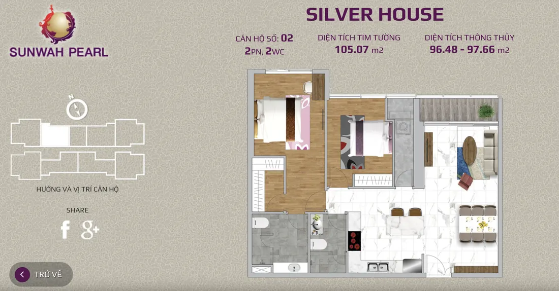 Layout căn hộ số 02 tháp Silver House Sunwah Pearl, 2PN, 2WC, 105,07 m²