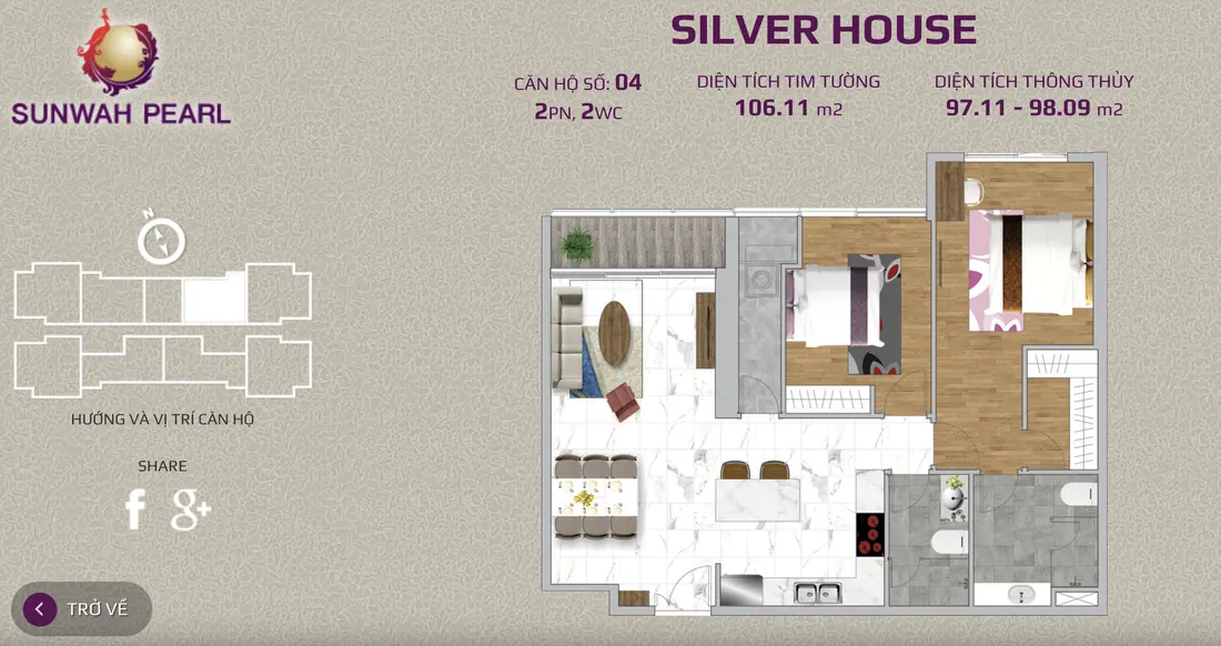 Layout căn hộ số 04 tháp Silver House Sunwah Pearl, 2PN, 2WC, 106,11 m²
