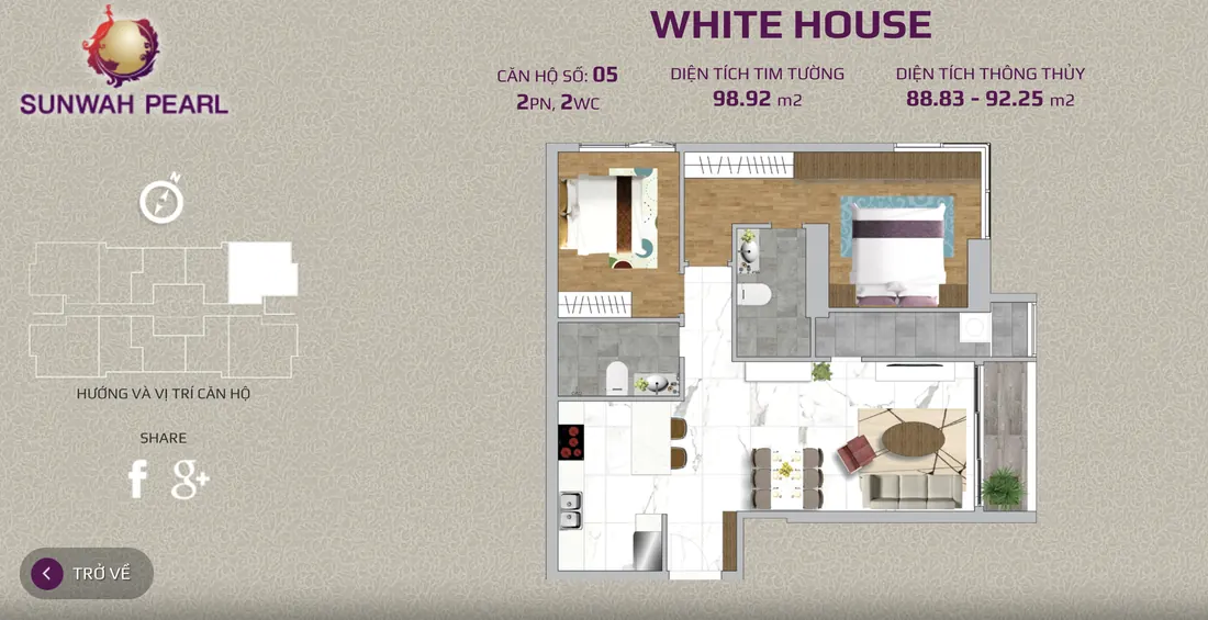 Layout căn hộ số 05 tháp White House Sunwah Pearl, 2PN, 2WC, 98,92 m²