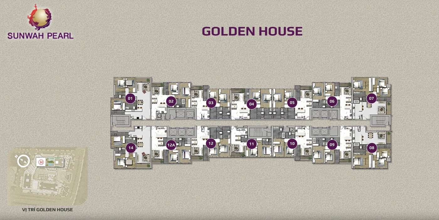 Mặt bằng tầng điển hình tháp Golden House Sunwah Pearl với 14 vị trí căn đánh số 01 đến 14